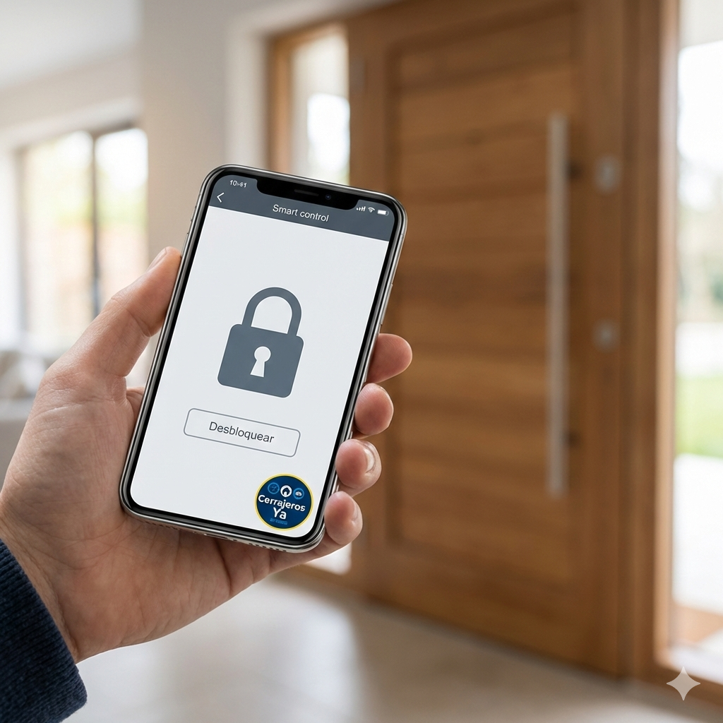 Persona usando app móvil para controlar cerradura digital con interfaz clara y colores corporativos