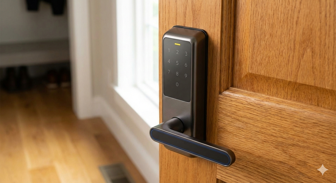 Cerraduras digitales instaladas en puerta residencial con estética moderna, branding azul #003366 y amarillo #FFD100