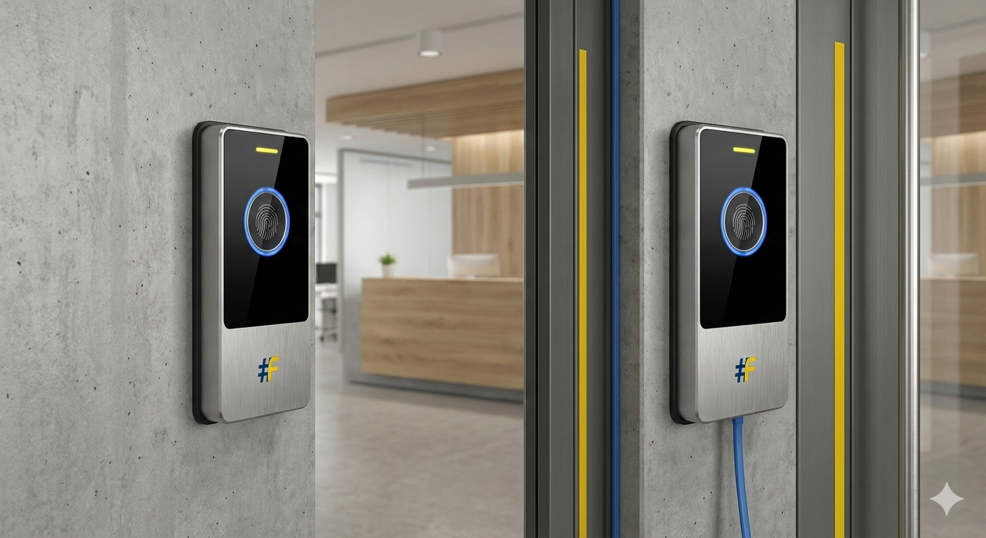 Lector biométrico en puerta de oficina con estética moderna